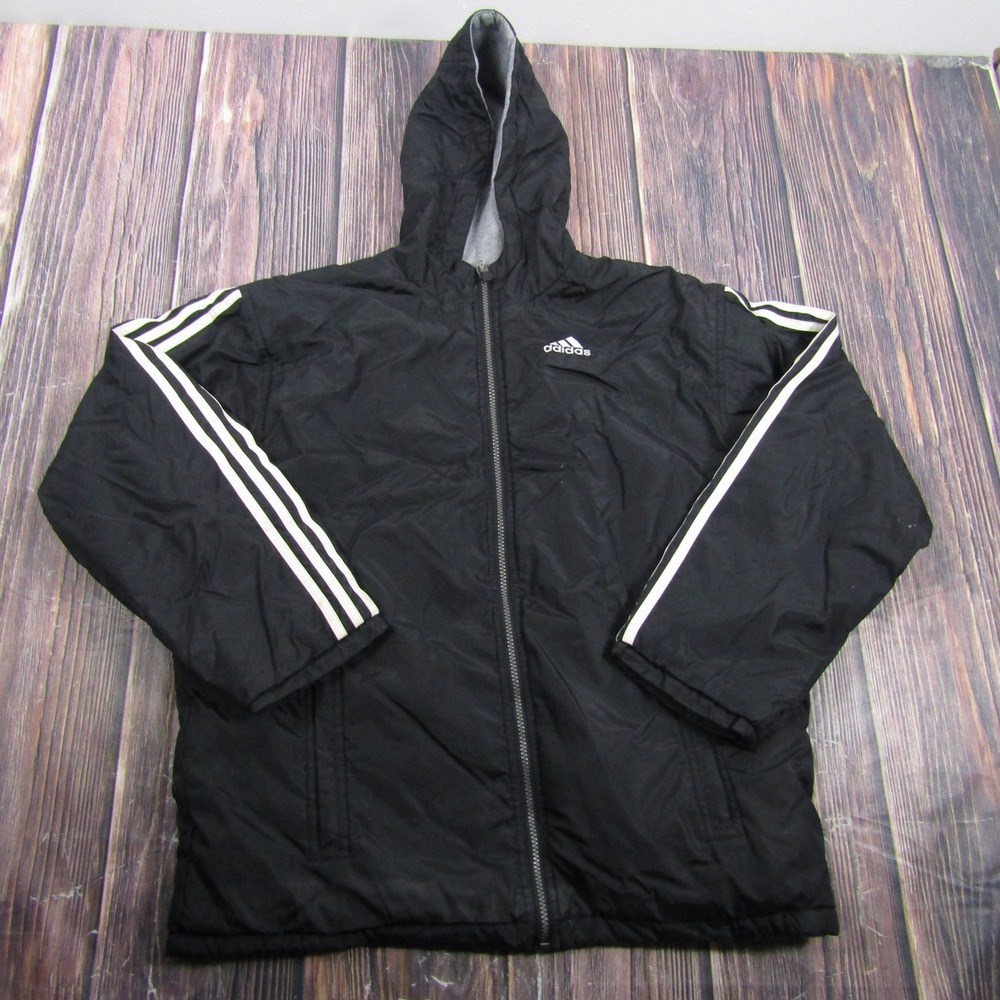 Adidas Reversible Jacket Mens XL Black Grey Three Stripe Hooded Full Zip Vintage